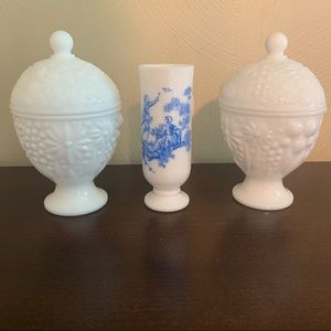 Vtg Avon Milk Glass Candy Dishes & Toile Cup